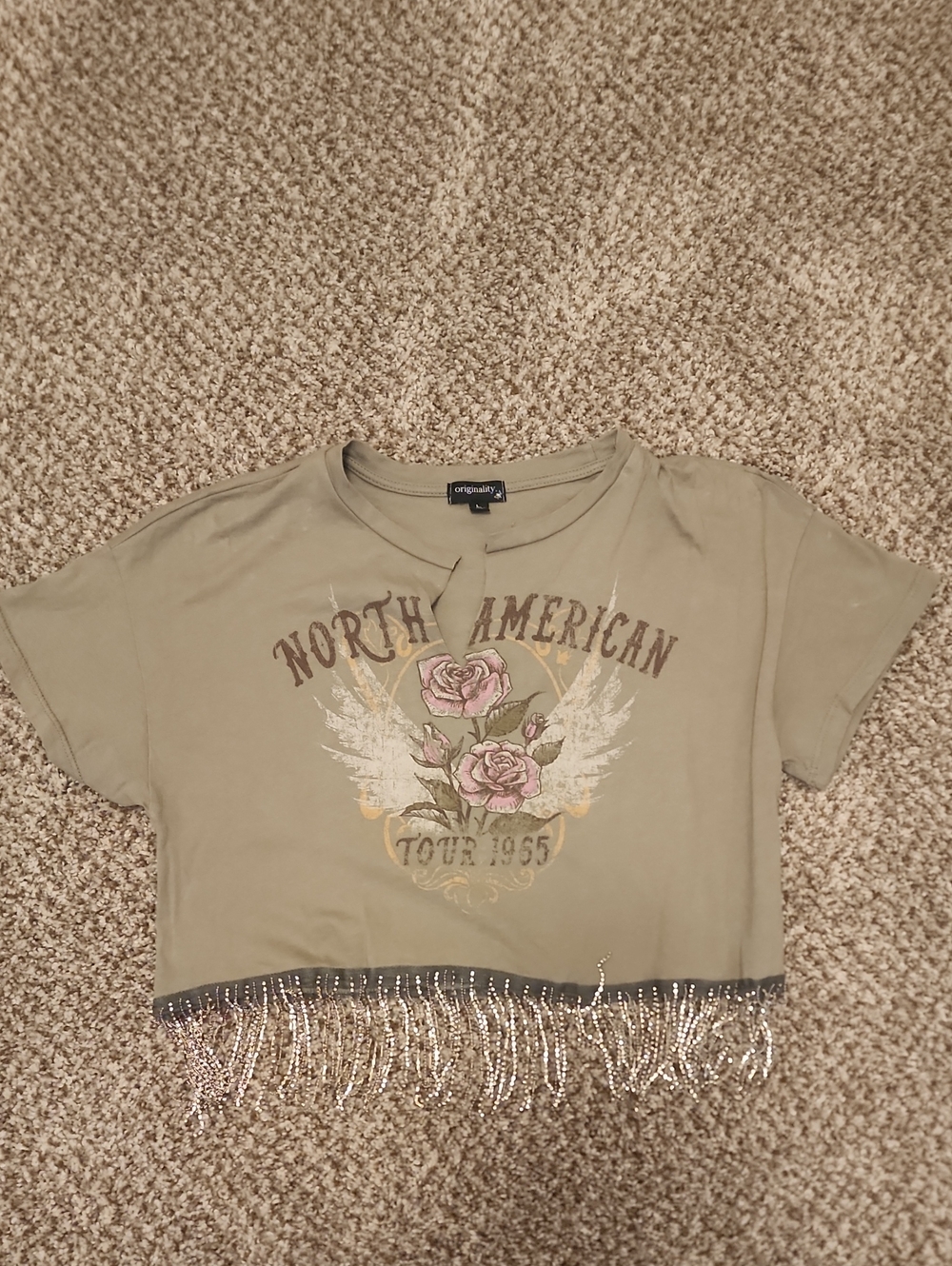 Beaded Fringe Olive Graphic Crop Top - Originality